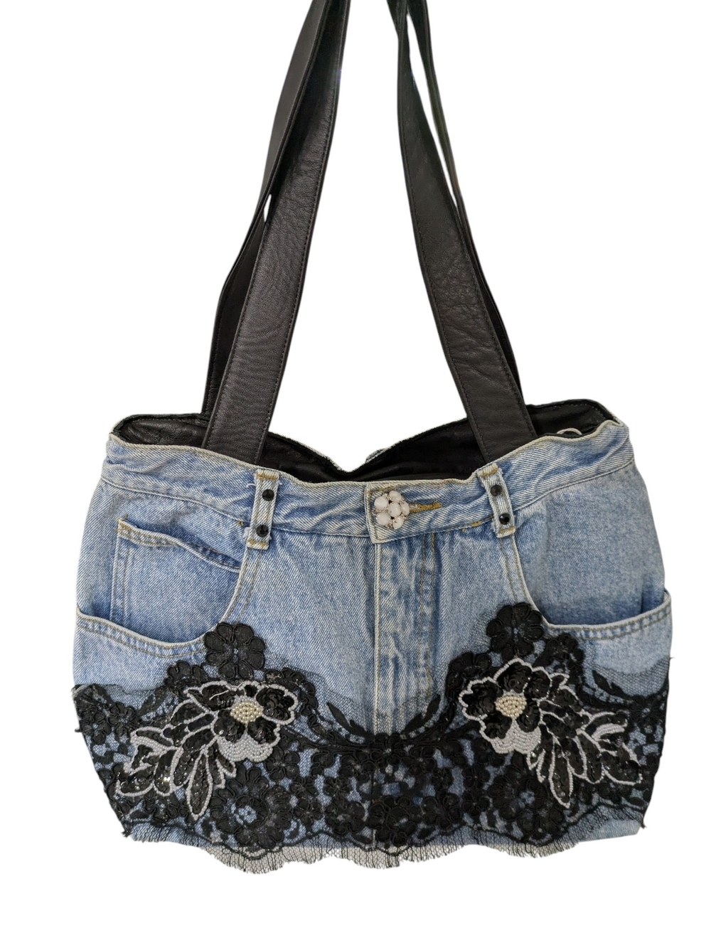 Y2K Booty Bag Blue Denim Jeans Black Leather & Lace Floral Beads MJEMS NY NWT